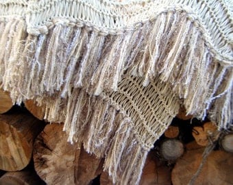 Ivory Fringe Throw Blanket. Knit Home Accent Cabin Decor Pale Cream Taupe Off White Eggshell