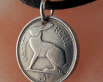 IRELAND rabbit Coin necklace - pendant charm - irish bunny Celtic Music Harp Eire Hare. CHOOSE YEAR birth year anniversary year No.00925