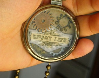 Enjoy Life Inspirational Quote Nostalgic Steampunk/Victorian Cosplay Pocket Watch Necklace With Gears