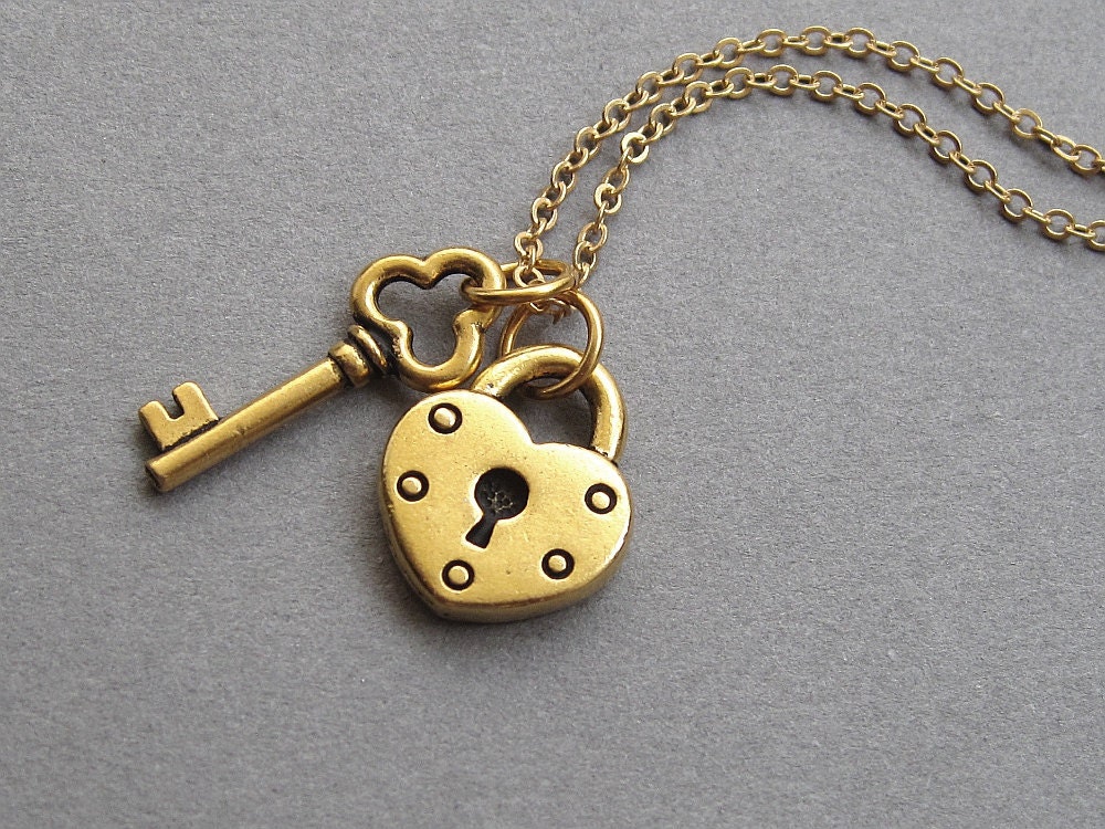 Gold lock and key necklace gold plated pewter small by sevenstarz