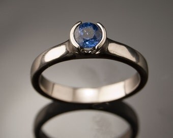 Blue Sapphire Ring, Half Bezel Solitaire Engagement Ring in Palladium, 14k White gold, Rose Gold or Yellow Gold, Sapphire Engagment Ring