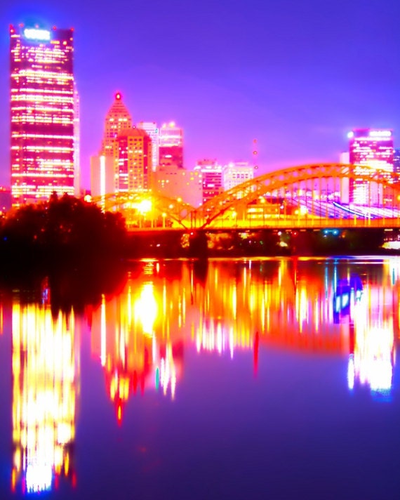 Items similar to Pittsburgh Neon City Lights Skyline Photograph on Etsy