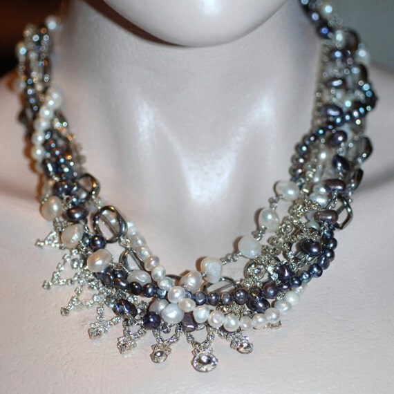 Items similar to Stranded Pearl & Rhinestone Necklace on Etsy