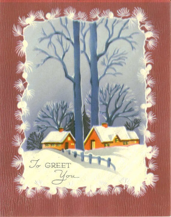 Vintage Christmas Card UNUSED Snow Covered Home and Tall