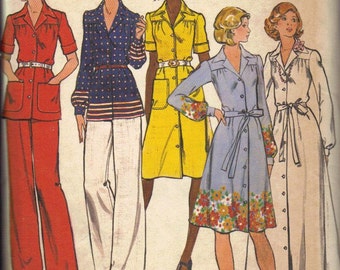 Butterick Sewing Pattern 70s Shirt Dress Maxi Long Sleeve Button Front Retro Disco Dress Tie Belt Pants Blouse Uncut FF Bust 41 Plus Size