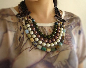 Multi Strand Beaded Bib Necklace, Statement necklace, cylinder gemstone, colored glass pearl and magnesite skull bead