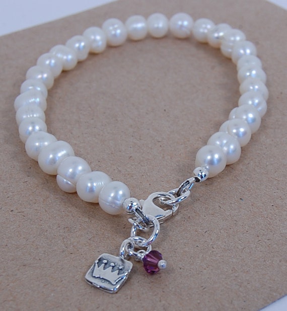 Items similar to Cultured White Pearl Bracelet with Princess Charm and ...