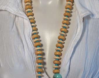 Long Beaded Bone Necklace, Wood Rondelles, Turquoise Nugget, .925 Sterling Silver
