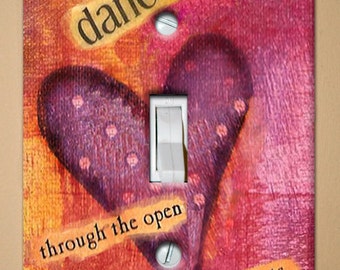 Single Toggle Light Switch Plate - Altered Art "Gratitude Dances Through the Open Doors of Our Heart" Red, Orange and Yellow