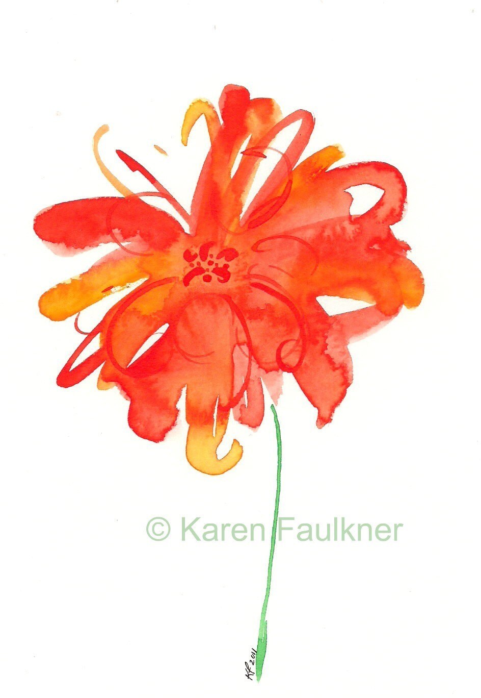 Splashy orange watercolor flower print by KarenFaulknerStudio