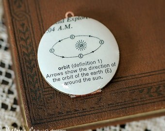Planetary Orbit Locket Necklace, Vintage Dictionary Illustration, Space, Planets, Vintage Locket - Brass Chain - Ready to Ship