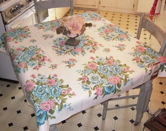 Vintage Tablecloth Bouquets of Pink & Blue Roses MWT