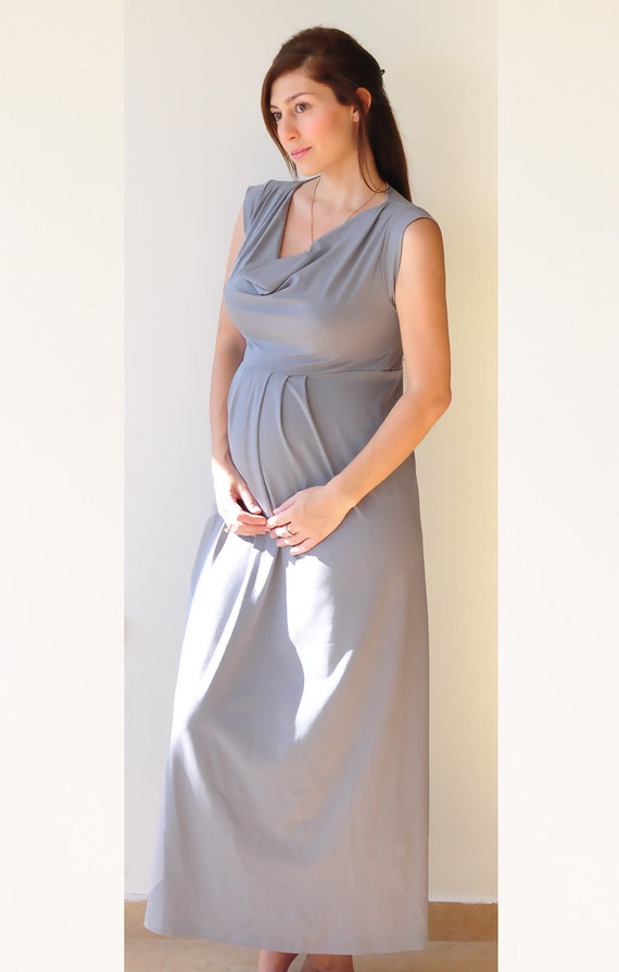 Maxi Maternity Dress In Medium Grey . Sleeveless Maternity
