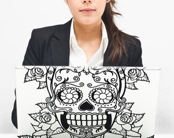 day of the dead vinyl laptop decal, sugar skull sticker art, custom fit laptop decal, FREE SHIPPING