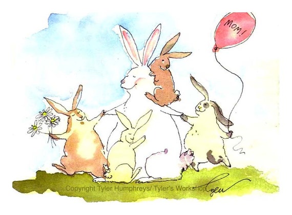 Mothers Day Card Rabbit Bunny Art Mom Family Funny Bunny