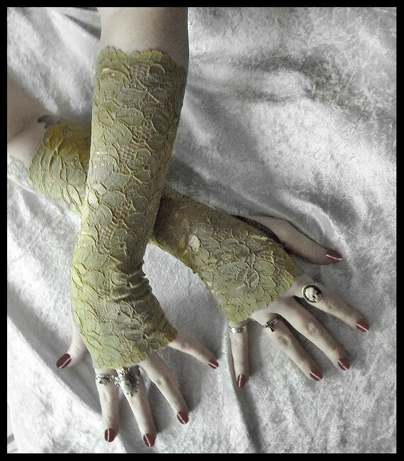 Dealla Lace Arm Warmers Olde Gold Olive Metallic Floral