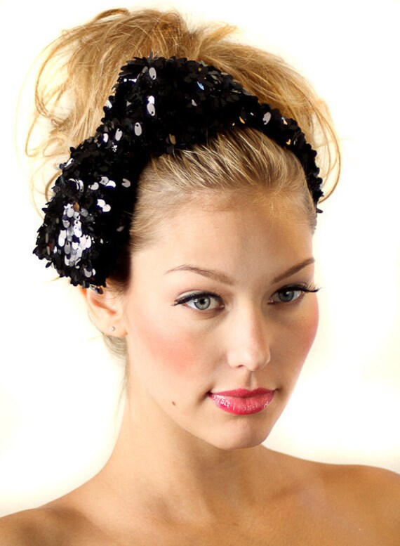 Sequin bow headband / Black Bow Headband / Womens Bow Headband