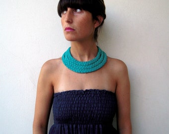 emerald choker, tribal necklace, boho necklace, choker, summer choker - The triple braid necklace - handmade in emerald / turquoise fabric