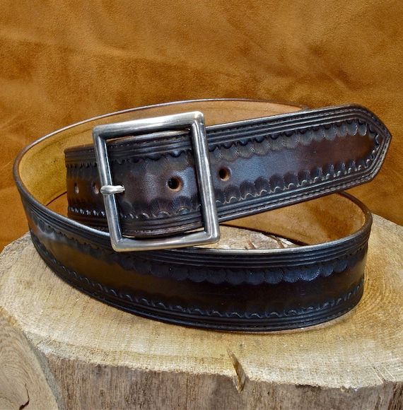 Brown leather belt Tooled Western border Distressed buckle 1-3/4" wide handmade for YOU in NYC by Freddie Matara