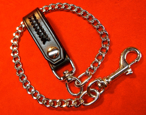 Black Leather wallet chain American bridle leather and braided calf lace 20" Flat link chain Made for YOU in NYC by Freddie Matara