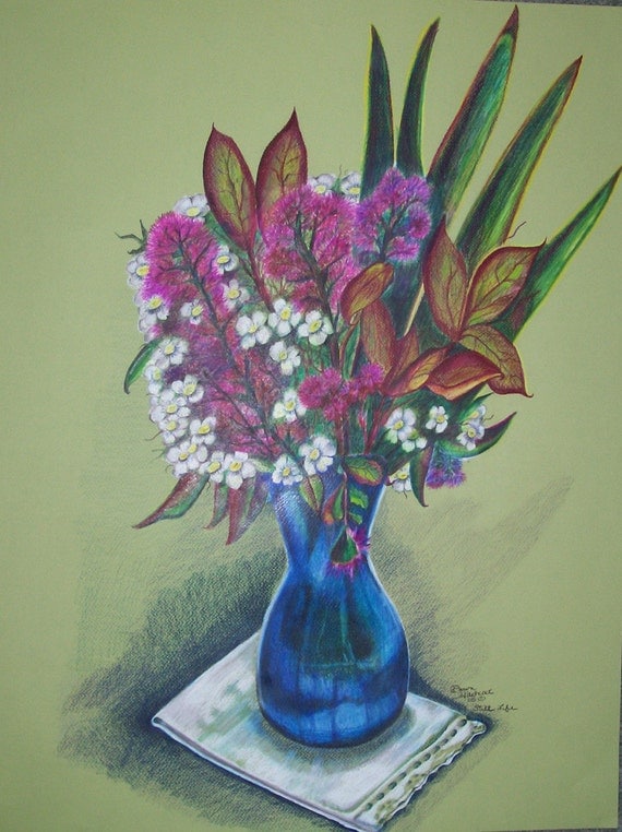 Original Still Life Color Pencil Drawing Floral Illustration