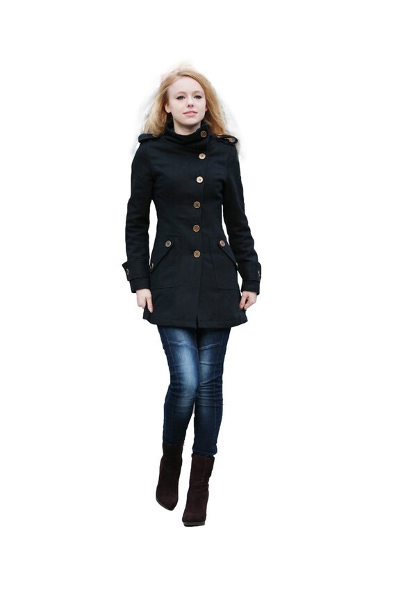 Black Coat Fitted Military Jacket Winter Wool by Sophiaclothing