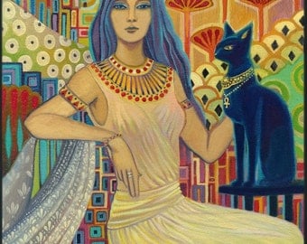Bast Egyptian Cat Goddess Art Deco Bohemian 11x14 Print Pagan Mythology Psychedelic Gypsy Goddess Art