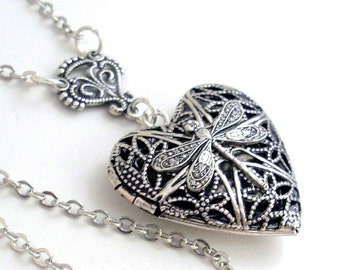 Silver Dragonfly Heart Scent Locket Filigree Jewelry Jewellery Necklace - by Gypsy Trading Company