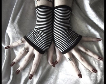 Dark Alice's Fingerless Gloves | Tiny Black & White Striped Cotton | Yoga Belly Dance Dark Tribal Fusion Emo Vampire Gypsy Tarot Bohemian