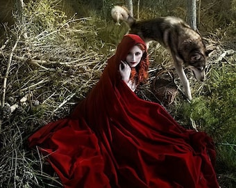 Red Velvet Cape Hooded Cloak Riding Hood cloak with train very long