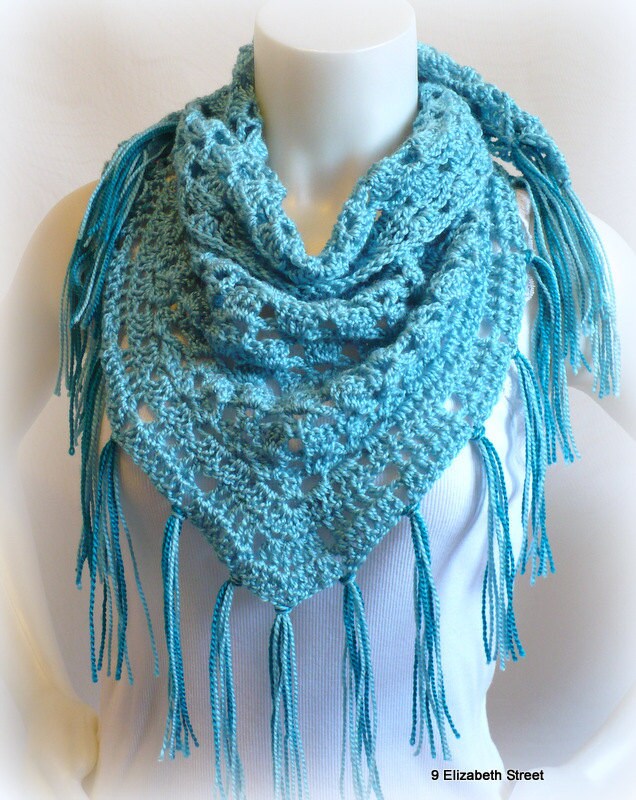 Turquoise Triangle Scarf Crochet Neck Shawl with fringe