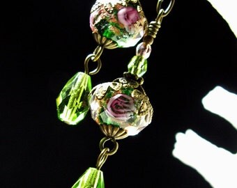 Lime Green Dangle Victorian Earrings, Pink Rosebud Crystal Vintage Bridal Style Drops, Antiqued Gold Filigree, Titanic Temptations Jewelry