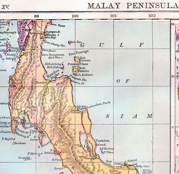 Malay Peninsula Thailand Malaysia Burma Singapore Map Antique