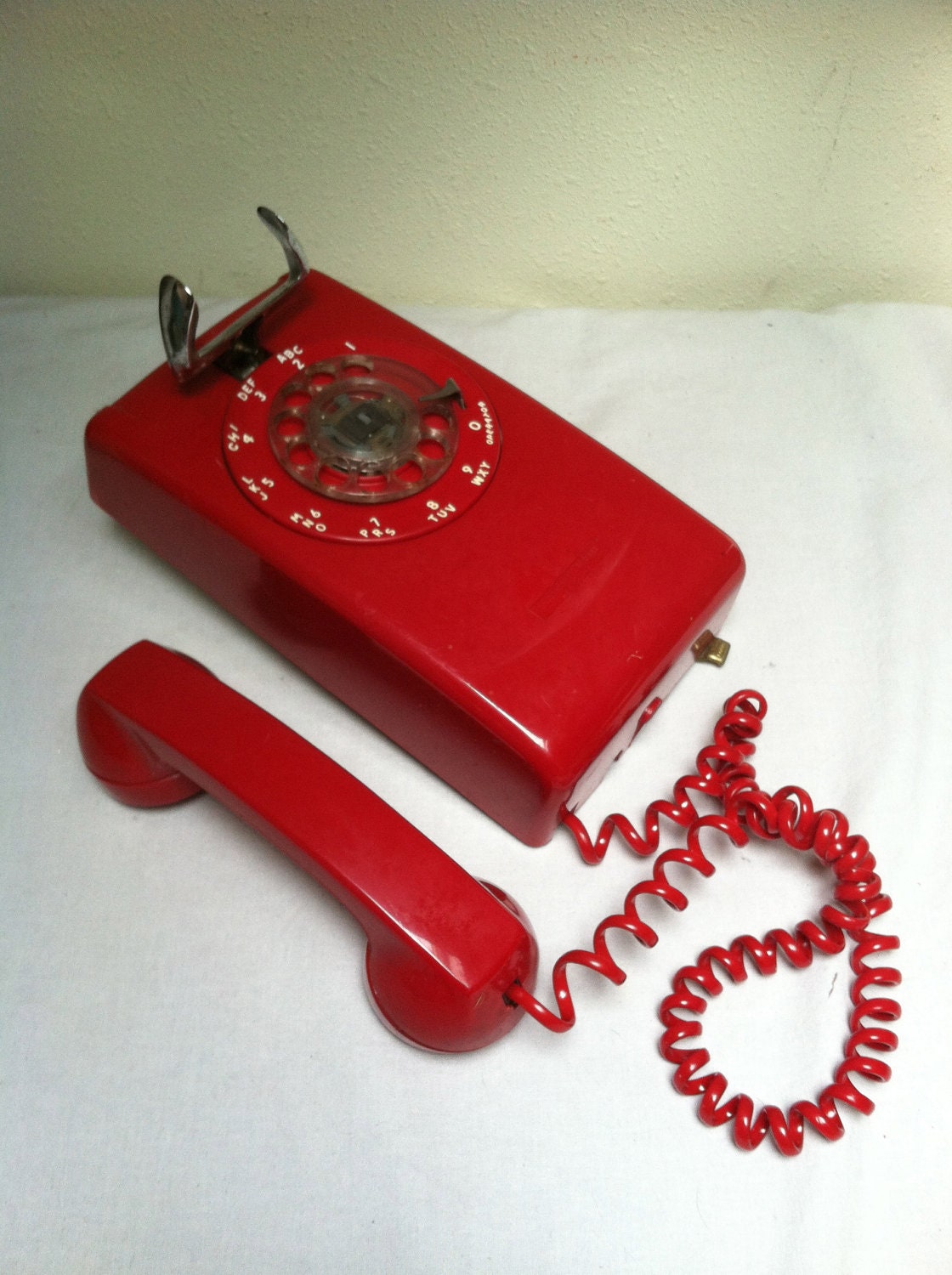 Vintage RED ROTARY TELEPHONE / Wall Hanging Phone