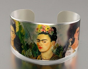 Photo Cuff, Brass Cuff Bracelet, Altered Art Jewelry, Photo Jewelry - Matte Silver FRIDA KAHLO Collage - Sealed in Resin