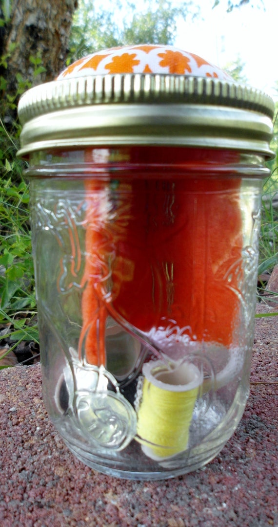Mason Jar Sewing kit with orange pin cushion lid recycled