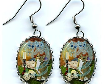 Witch Cat Earrings Ghost Skull Gothic Fantasy Cat Art Cameo Earrings 25x18mm Gift for Cat Lovers Jewelry