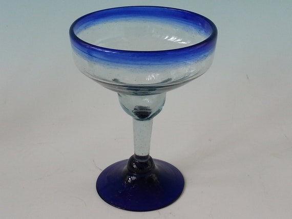 Vintage Hand Blown Mexican Margarita Glass Cobalt Rimmed