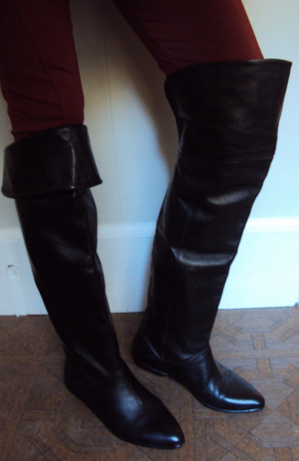 Vintage 80s Black Leather over the knee Boots
