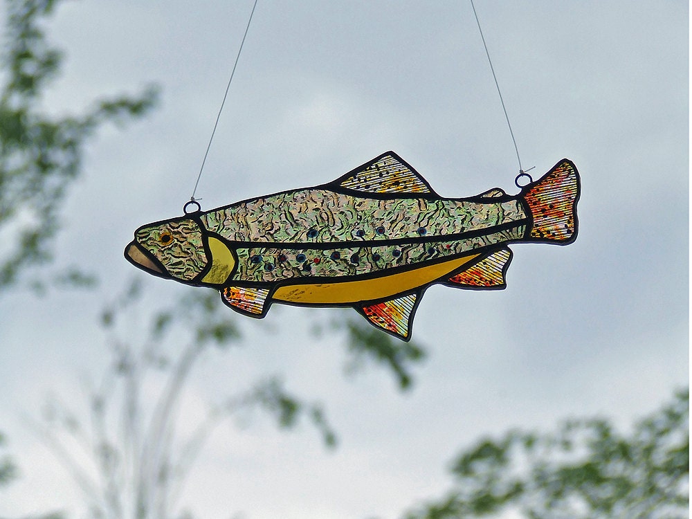 Stained Glass BrookTrout with Iridescent Glass and Upcycled