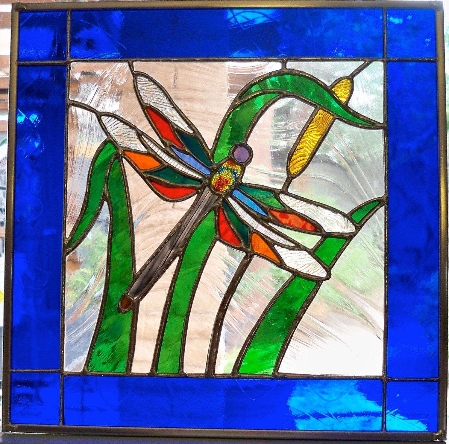 Dragonfly 'n Cattail Pond Stained Glass Window Panel 16x16
