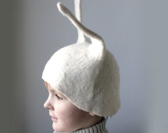 Bunny / Rabbit Hat Earflap - Hand Felted Natural White Wool -- Size Medium/Large