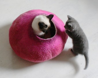 Hot PInk Bubble Large Size - Hand Felted Wool Cat Bed / Vessel - Crisp Contemporary Design