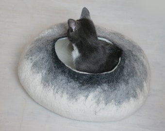 Pet Cave Cat Cave Cat Bed Vessel Furniture - White to Gray Bubble - Hand Felted Wool READY TO SHIP Crisp Contemporary Modern Minimal Design