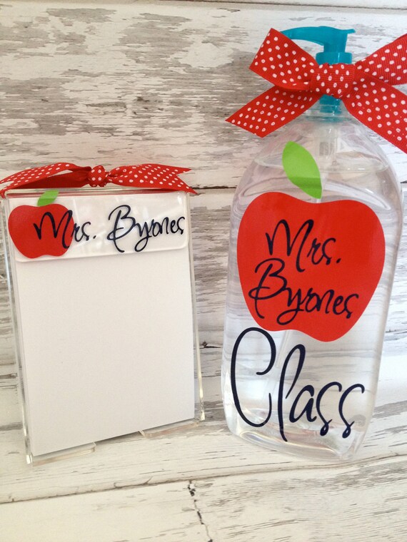 teacher gift set featuring a personalized jumbo hand sanitizer and a monogrammed acrylic notepad holder