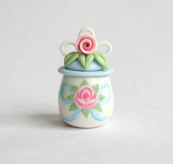 Miniature Blue Ribbon and Rose Container OOAK by by ArtisticSpirit