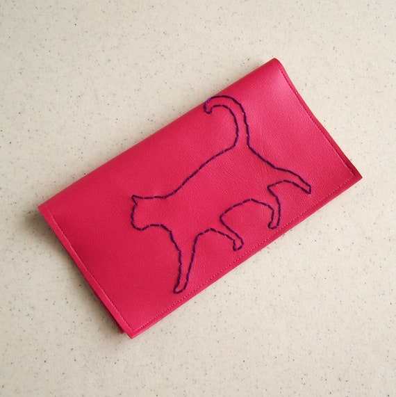 Cat Checkbook Cover Purple Kitty on Pink Vinyl Alternative Color Options Available