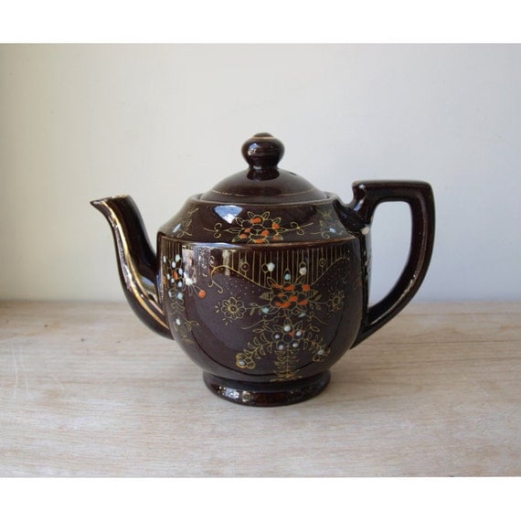 Vintage Deep Brown Hand Painted Teapot Made in Japan