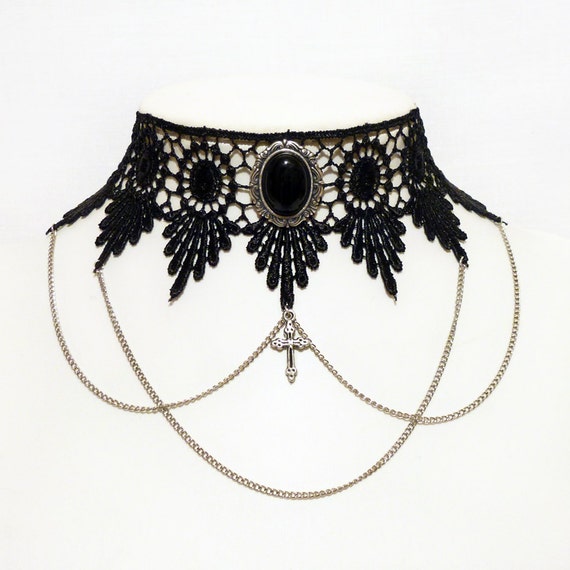 Victorian Black Onyx gothic lace choker necklace - venise lace choker with chains and cross - LUCRETIA in Black Onyx by DarkEleganceDesigns steampunk buy now online