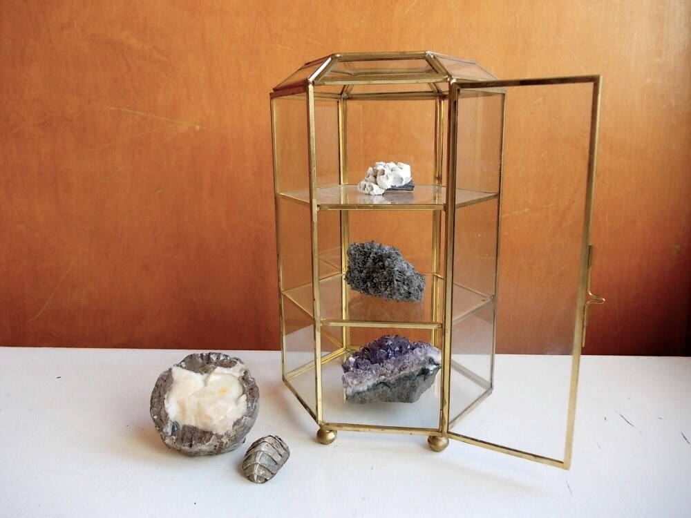 Brass and Glass Display Case 3 Tier Hexagon Box